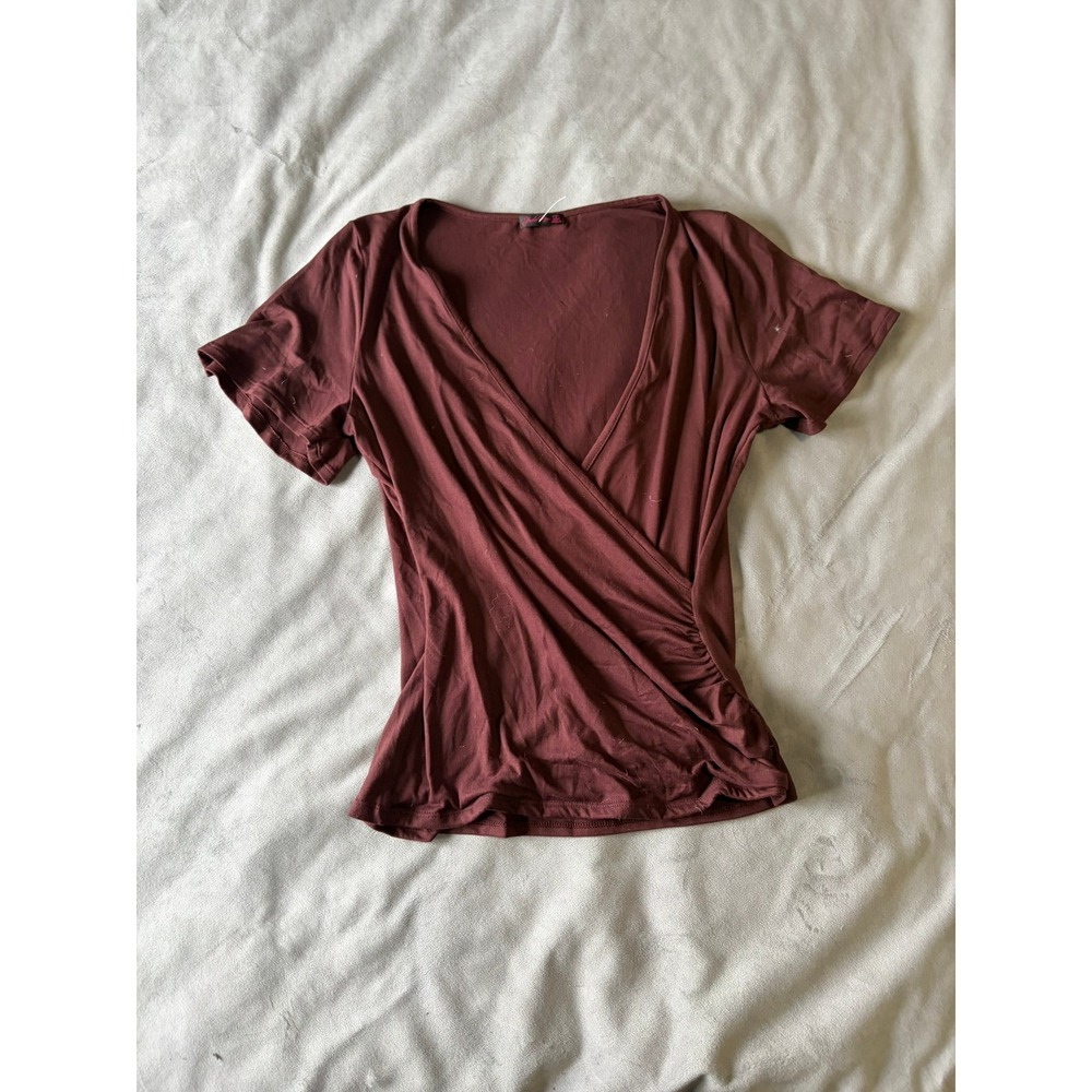 Sheila Rose Burgundy Wrap Front Short Sleeve Ruched V-Neck Top Small Wine Red